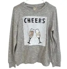 Tru Self Truself Womens M Cheers Flip Sequin Sweatshirt Top Gray New Years