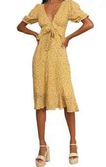 Lulu's Anything Lovelier Yellow Floral Print Tiered Midi Dress Ruffle Chiffon M