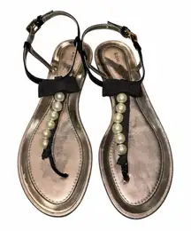 Kate Spade Black Patent Leather Pearl Strap Thong Sandals Shoes size 7.5
