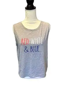 Rae Dunn Size M Gray Tank Top Patriotic American RED WHITE & BLUE Lettering