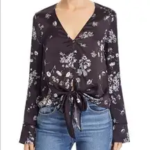 Cami NYC Lila Tie Detail Floral Silk Blouse Long Sleeve Black XS