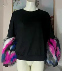Flamant Rose Black Sweatshirt Faux Fur Multicolor Cuff Sleeve Crewneck Large