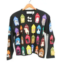 Design Options Philip & Jane Gordon Dogs in Dog Houses Black Cardigan Sweater M