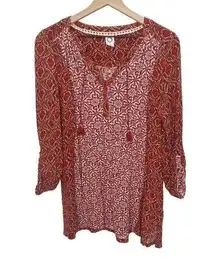 AKEMI + Kin ANTHRO Women's Humboldt Tunic Top Boho Red Floral Tasseled Medium