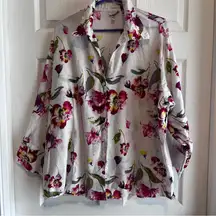 Harve Benard White Blouse with Pink and Green Accents Linen Blend