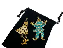 Vintage articulating clown brooches enamel painted on gold toned brooches - set
