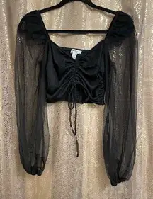 Privy Black Long Mesh Sleeve Ruched Smocked Back Cropped Top Medium