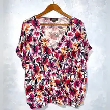 Belle by Belldini Colorful Floral Short Sleeve DeepV Crossover Stretch Blouse 1X