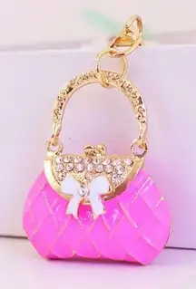 Pink Quilted Purse Bag Charm with Bow – Gold Rhinestone Handbag Keychain – NWT