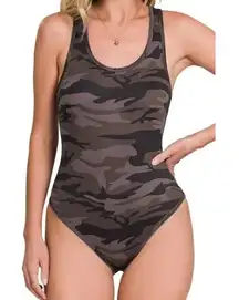 Zenana Camo Print Racerback Bodysuit