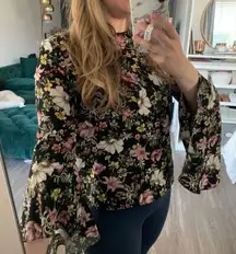 Catherine Malandrino Floral Long Sleeve Flouncy Flare Career Blouse Top Sz S