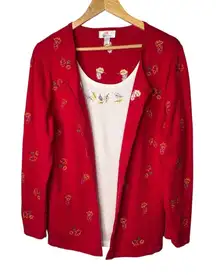 Vintage Quacker Factory Cardigan Set Top Red Leaf Embroidered Women Size Large‎