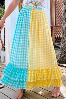 Eva Franco Lynsey Gingham Maxi Skirt Yellow Motif Size XS‎