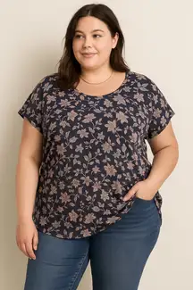 Philosophy Woman Floral Print Short Sleeve Top Navy Pink Women’s 1X