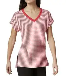 Tommy Hilfiger Women's Basic Sport Red V Neck Striped T Shirt Large Short Sleeve