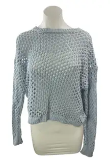 Hooked Up Women's Blue Gray Open Knit Crochet Long Sleeves Crop Sweater Top Sz S