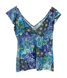 Delicates Blue Paisley Boho Top Vintage Y2K Babydoll Style V Neck Size M