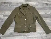 White House Black Market olive military jacket ruffle back womens size 12 E32