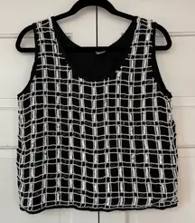 Vintage Silk Beaded Sequin Black White Grid Pattern Women's Tank Top Size Small