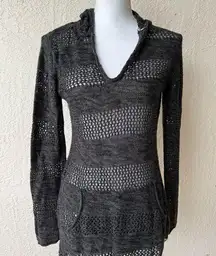 Roxy Large Pullover Knitted Grey Hooded V-neck Long Sleeve  Pocket Sweater