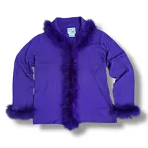 Red Hat Society Purple Feather Trim Cardigan Jacket XL Y2K Vintage Themed Party