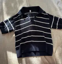 Navy Striped Knit Collared Polo