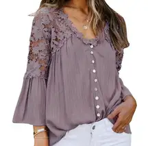 CROCHET LACE BUTTON TOP PURPLE 3/4 SLEEVE