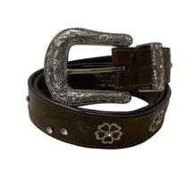 Brown Floral Rhinestone Genuine Leather Silver Buckle Western Concho Belt
