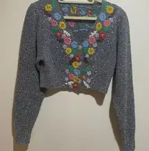 Celia B Redwood Embroidered Cardigan Grey Metallic Silver Floral Cropped Sweater
