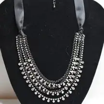 Flashy Glittering Rhinestone 6 Layer Black Metal Ribbon Bib Statement Necklace