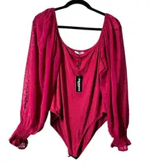 Zeagoo Women's long Puff Sleeve Ruffle Trim Tops Bodysuit Sexy Leotard Size XXL