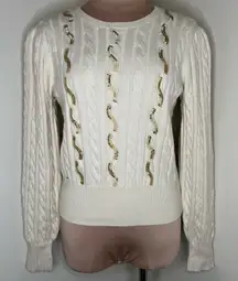 Marled Sweater Small Womens Cream Beaded Cable Knit Crew Neck Puff Sleeve Winter