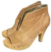 Hive & Honey Size 11 Brown Leather Wood Heel Open Front Ankle Booties