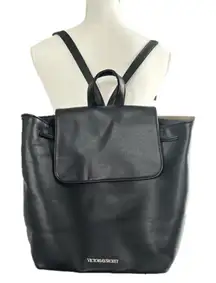 Victoria’s Secret Black Faux Leather Drawstring Backpack with Flap Closure