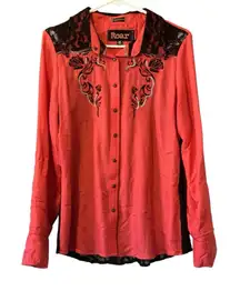 ROAR Western Embroidered Rhinestone Pearl Snap Shirt Roll Tab Sleeves M‎ Country