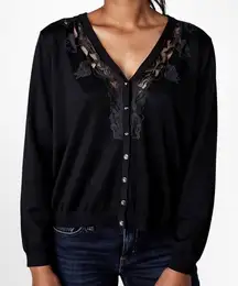 City Chic Black‎ Lace Trim Crystal Button Cardigan Medium V-Neck Knit Sweater