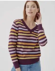 Pact Multicolor Striped Organic Cotton Classic Fine Knit V-Neck Sweater
