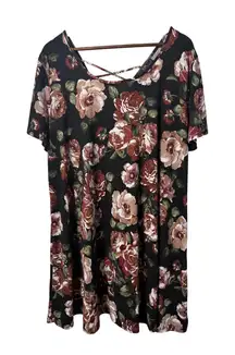Vibes Sportswear Women 2X Floral Criss Cross Back Black T-shirt Dress Feminine
