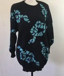 Vintage Jolie Crew Neck Sweater Novelty Knots Black Teal 1X