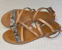Size 8 Strappy Leather Flat Ankle Wrap Sandals Neutral Tan Nude Snake