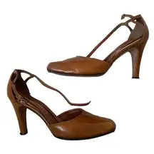 Vintage Nordstrom 7.5 Brown Tan Leather Cutout Accent D'Orsay Pumps Heels Strap