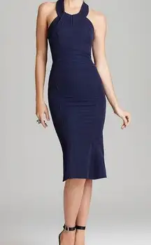 Navy Blue Halter-Neck Sheath Midi Mermaid Dress