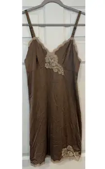 Vintage Satin Slip Dress Brown 60s 70s Lace Bust~32” Length~35” Pin-Up Honeymoon