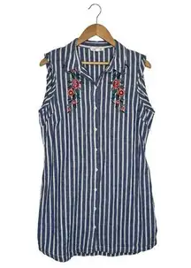 Beach Lunch Lounge Dress Womens L Linen Striped Shirt Embroidered Floral Blue