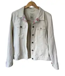 Vintage L.L Bean 100% Cotton Beige/Cream Denim Jacket With Floral Trim