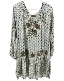 Skemo Dress Beaded Embroidery Allover Print Drop Waist Boho Hippie Scoop Large