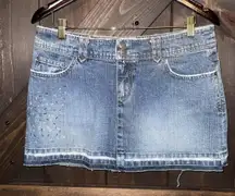 Vintage Y2K 2000s SO Denim Skirt Size‎ 11 Light Blue Low Rise Mini Beads Beaded