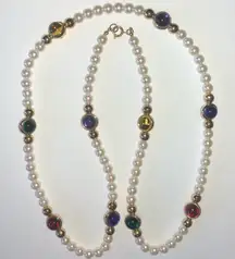 Vintage Faux Pearl Red Green Purple Blue Cabochon Beaded Boho Necklace