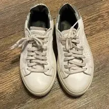 P448 White‎ Leather Sneakers Low Top Casual Shoes Silver Trim Size 36