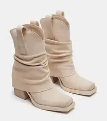 NEW Steve Madden Pia Suede Foldover Square Toe Block Heel Boots Natural Bone 6.5